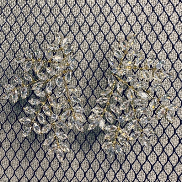 Marquise Crystal & Gold Leaf / Branch Explosion Statement Earrings - Picture 2 of 11